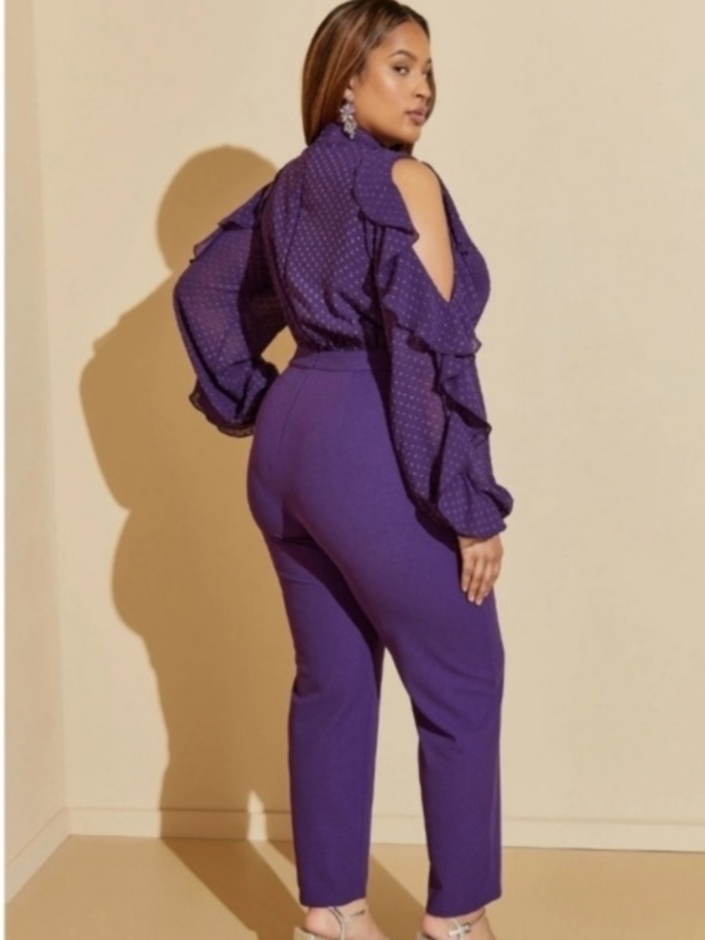 Ashley Stewart Plum Purple Ruffled Sleeve Jumpsuit